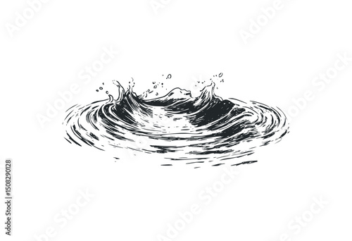Ink splash waves creating ripples in abstract ocean art. Vector retro hand drawn illustration