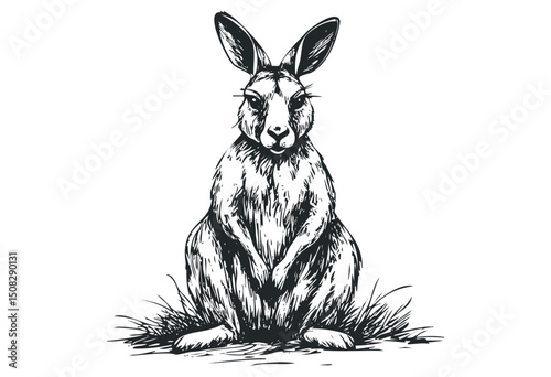 Intricate black and white illustration of a sitting hare with expressive ears. Vector retro hand drawn illustration