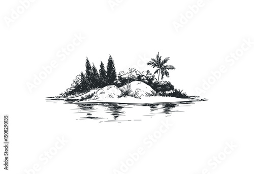Monochrome sketch of a serene tropical island with palms and rocks. Vector retro hand drawn illustration