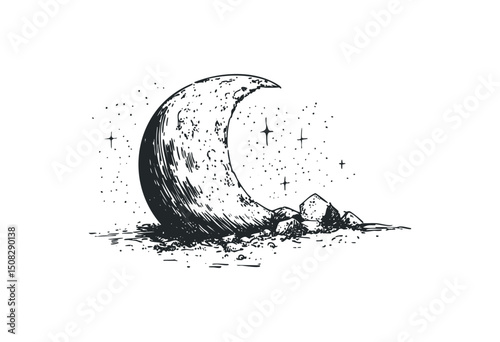 Crescent moon and stars with rocks in a night sky-themed art illustration. Vector retro hand drawn illustration