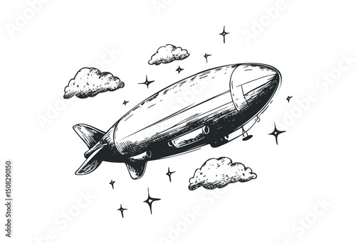 Vintage airship with clouds and stars in a retro illustration style. Vector retro hand drawn illustration
