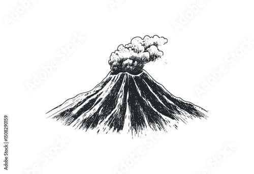 Hand-drawn volcano eruption with smoke emitting from crater. Vector retro hand drawn illustration