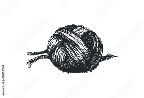 Detailed sketch of a twine ball with frayed ends. Vector retro hand drawn illustration