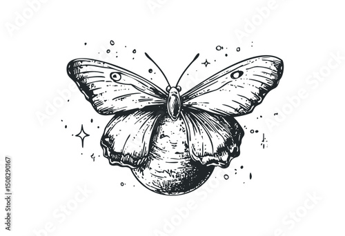 Detailed butterfly drawing with abstract elements in black and white. Vector retro hand drawn illustration
