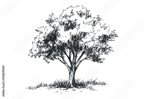Detailed black and white sketch of a tree with lush foliage. Vector retro hand drawn illustration