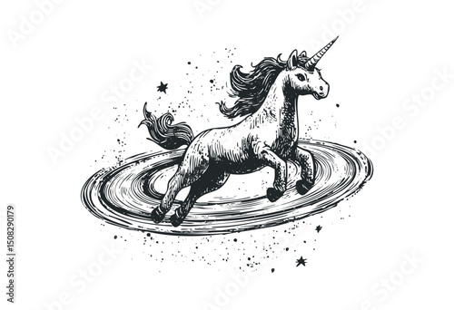 Magical unicorn galloping in celestial space with stars. Vector retro hand drawn illustration