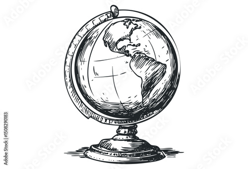 Detailed sketch of a vintage globe with americas in focus. Vector retro hand drawn illustration