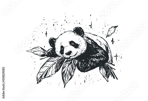 Playful artistic panda resting on leaves. Vector retro hand drawn illustration