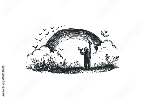 Mature caucasian male painting rainbow with birds and butterflies in nature. Vector retro hand drawn illustration
