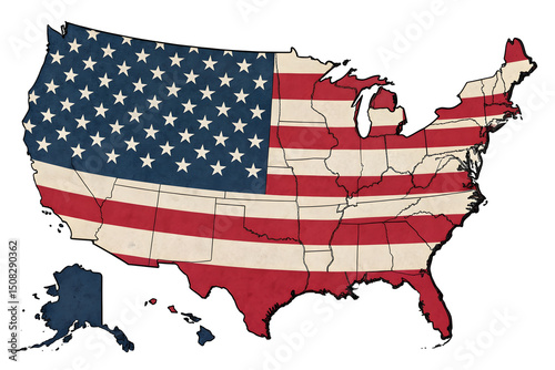 United States Map with American Flag Texture Including Alaska and Hawaii Stylized with a Distressed Vintage Feel Isolated on a White Background Perfect for Patriotic Themes