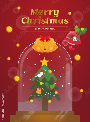 Elegant Christmas postcard with decorated tree inside glass dome and festive holiday elements. Vector illustration.