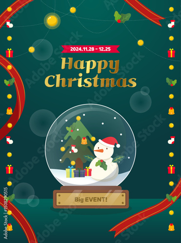Christmas event poster illustration with snow globe, snowman, and festive decorations. Vector illustration.