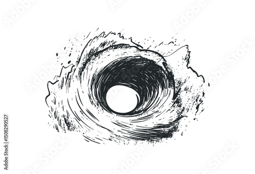 Abstract wave-style swirling vortex in artistic ink drawing. Vector retro hand drawn illustration