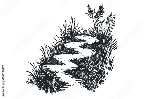 Zigzag garden path with grass and plants illustrations. Vector retro hand drawn illustration