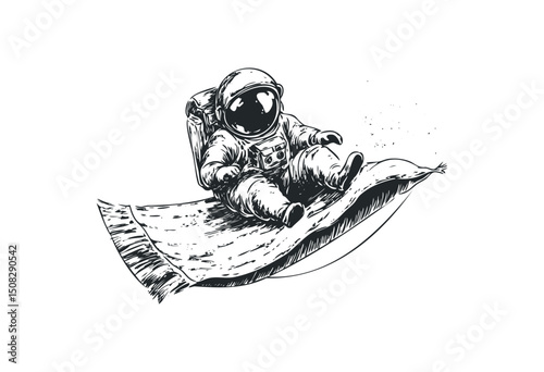 Astronaut floating on magic carpet: whimsical space adventure. Vector retro hand drawn illustration
