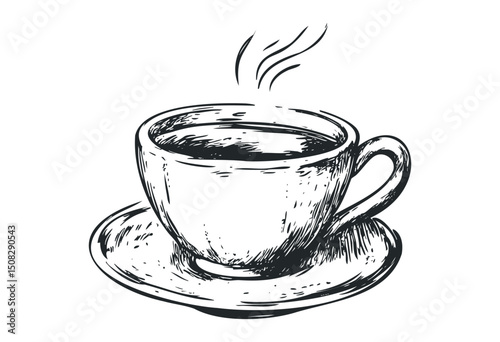 Hand-drawn coffee cup with saucer sketch. Vector retro hand drawn illustration