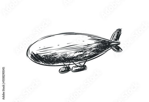 Hand-drawn vintage airship illustration with detailed shading. Vector retro hand drawn illustration