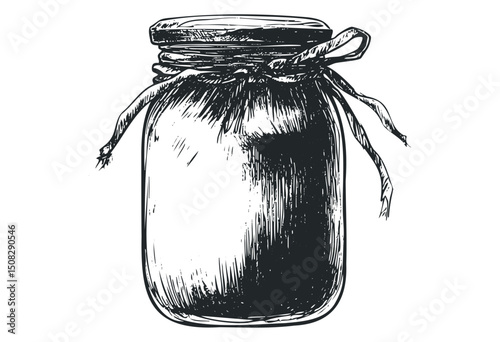 Hand-drawn jam jar with ribbon sketch on transparent background. Vector retro hand drawn illustration