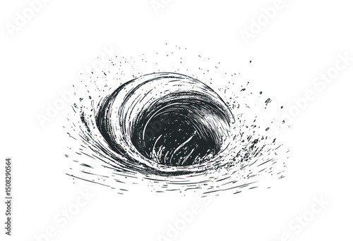 Abstract black ink swirl with splatter on white background. Vector retro hand drawn illustration