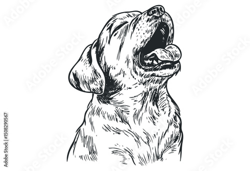 Detailed sketch of a dog with open mouth and tongue out. Vector retro hand drawn illustration