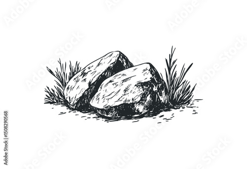 Sketch of two rocks with grass details in a natural setting. Vector retro hand drawn illustration