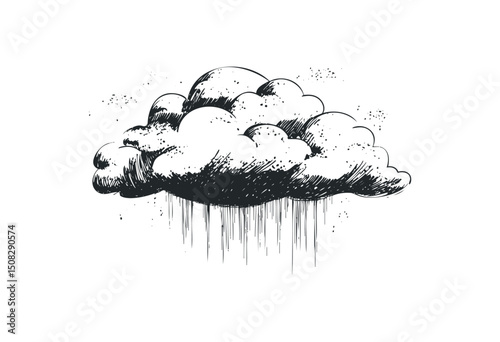 Hand-drawn sketch of a raincloud with droplets. Vector retro hand drawn illustration
