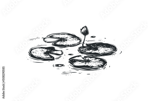 Minimalist ink drawing of floating lily pads and bud on water. Vector retro hand drawn illustration