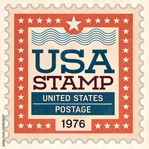 Retro United States Postage Stamp Design for 1976 featuring a vintage aesthetic with stars stripes and wavy lines perfect for patriotic or historical themes