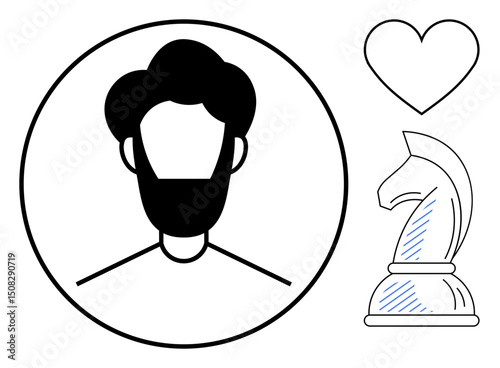 Portrait of man in circle outline, heart shape, and chess knight symbolizing love, strategy, and individuality. Ideal for identity, relationships, decision-making, focus strategy creativity