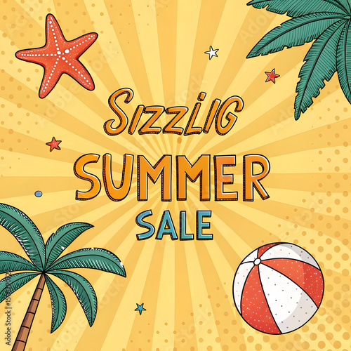 Vibrant Summer Sale Pop Art Style Illustration with Palm Trees Starfish Beach Ball and Retro Background Perfect for Marketing Promotions and Seasonal Designs with a Fun Playful Vibe