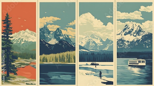 Scenic mountain and lake landscapes.