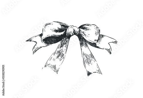 Sketch of a ribbon bow with flowing tails in detailed line art. Vector retro hand drawn illustration