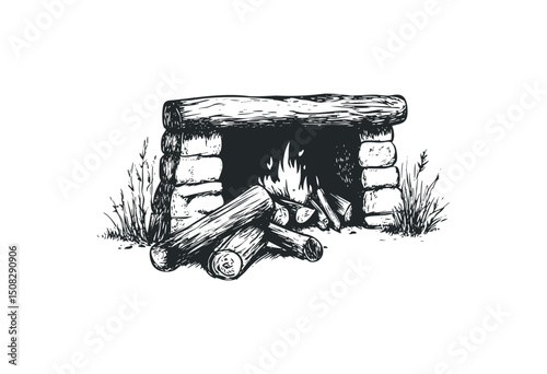 Rustic fireplace with logs and flames in simple sketch style. Vector retro hand drawn illustration