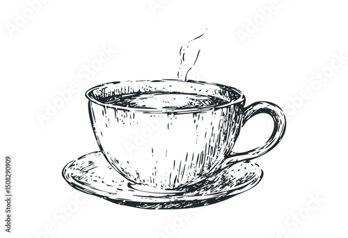 Hand-drawn steaming coffee cup with saucer in vintage style. Vector retro hand drawn illustration