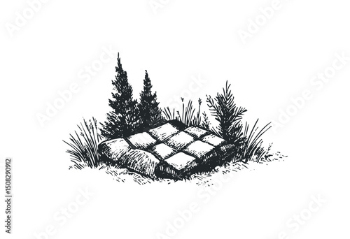 Rustic stone pathway with lush foliage and grasses in landscape design. Vector retro hand drawn illustration