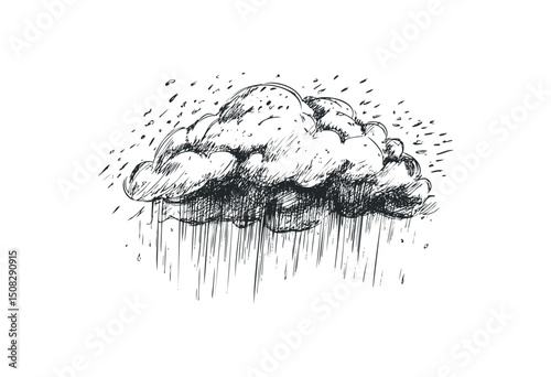 Sketch of rain cloud with falling raindrops in detailed line art. Vector retro hand drawn illustration