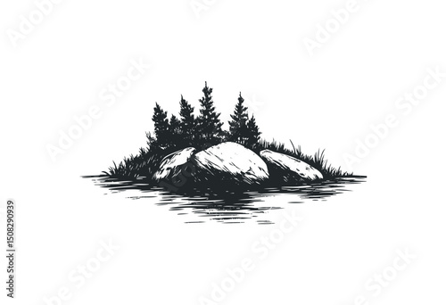 Monochrome landscape with pine trees and rocks by a tranquil water body. Vector retro hand drawn illustration