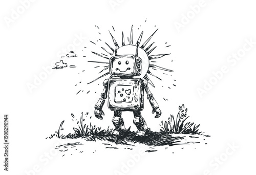 Cartoon robot with sun halo and happy face in nature. Vector retro hand drawn illustration