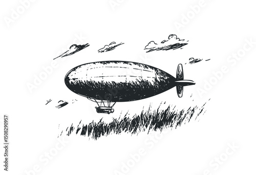 Vintage airship sketch with clouds and grass. Vector retro hand drawn illustration