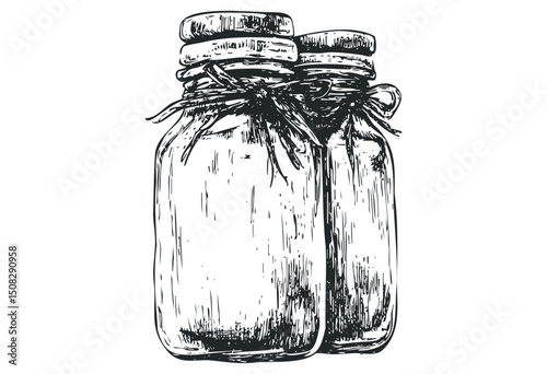 Vintage glass jars with string tied lids in detailed sketch illustration. Vector retro hand drawn illustration