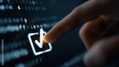A finger touches a glowing checkmark on a dark computer screen displaying code