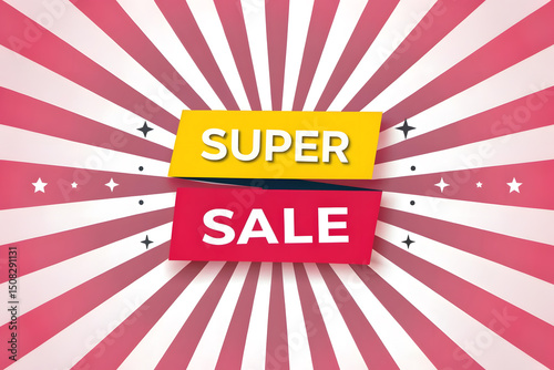 Eye Catching Super Sale Advertisement with Retro Sunburst Background and Star Accents Perfect for Retail Promotions and Special Offers to Attract Customers and Drive Sales