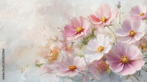 watercolor botanical Cosmos flowers texture template background.Elegant wedding invitation card background . Minimal hand painted Design for wedding or Valentine's Day	
