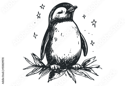 Hand-drawn penguin with stars and leaves in whimsical illustration. Vector retro hand drawn illustration