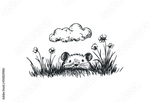 Cute mouse peeking from grass with flowers and cloud sketch. Vector retro hand drawn illustration