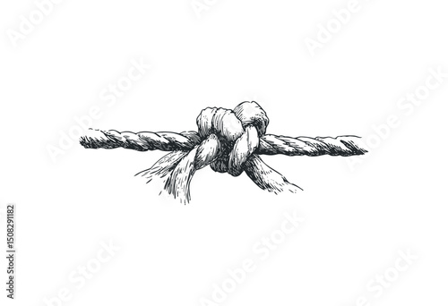 Detailed sketch of a knotted rope with intricate fibers. Vector retro hand drawn illustration