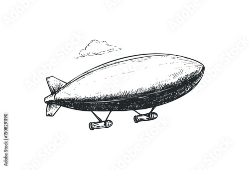 Hand-drawn vintage airship with gondola and propellers. Vector retro hand drawn illustration