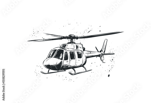 Detailed illustration of a helicopter with rotating blades and skid landing gear. Vector retro hand drawn illustration