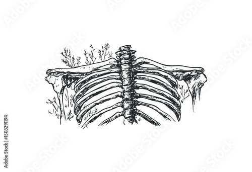 Hand-drawn ribcage and spine illustration with botanical elements. Vector retro hand drawn illustration