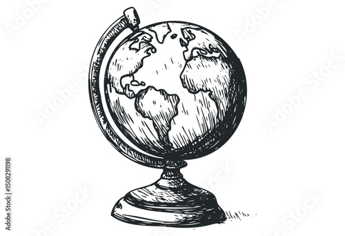 Vintage hand-drawn globe illustration showing continents and oceans. Vector retro hand drawn illustration
